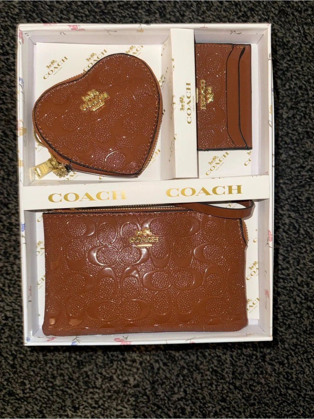Coach Brown Embossed Signature Wristlet Set with Heart Coin Pouch & Card Case